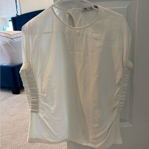Zara Ruched Sleeve Blouse | XS | White Drop Shoulder Edgy Elastic Cuffs Career
